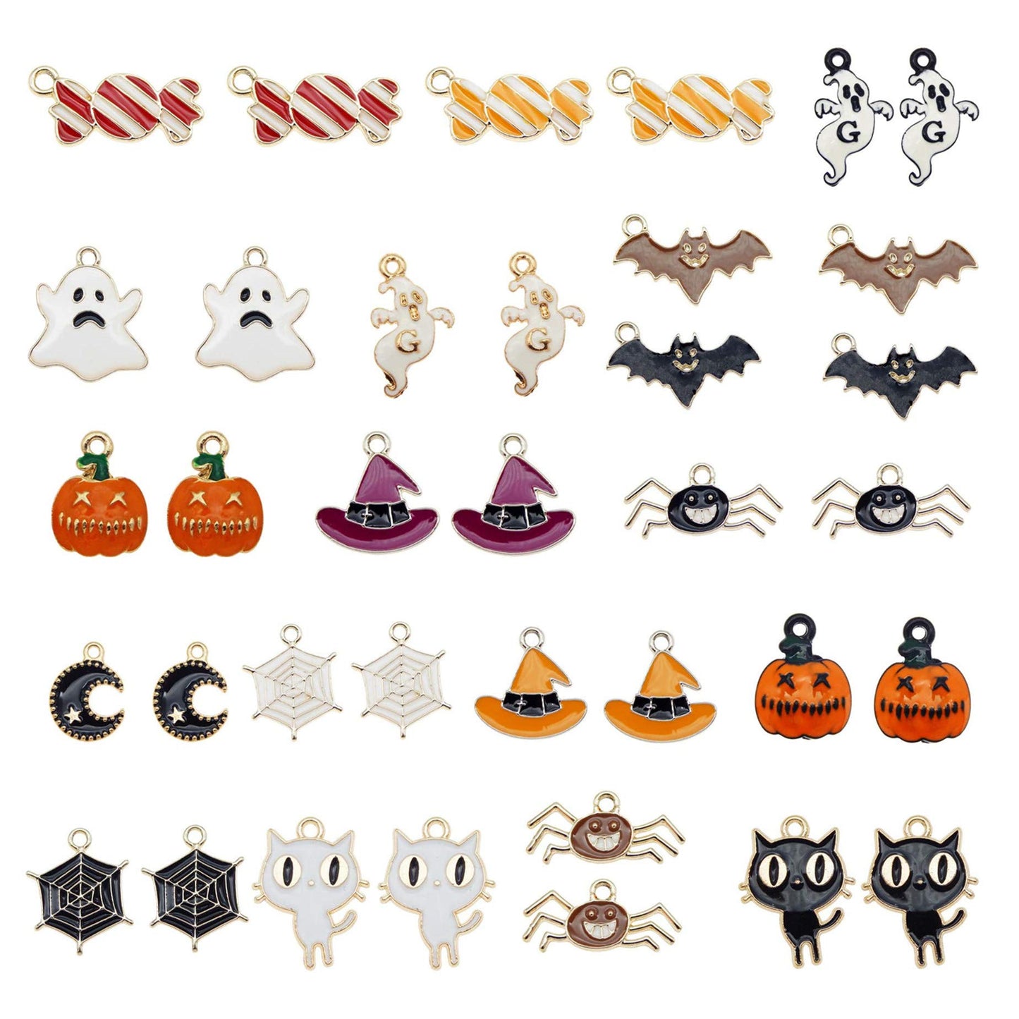 Julie Wang 54pcs Alloy Enamel Halloween Charms Candy Pumpkin Ghost Spider Bat Pendants for Holiday Jewelry Making Party Decoration Crafts DIY