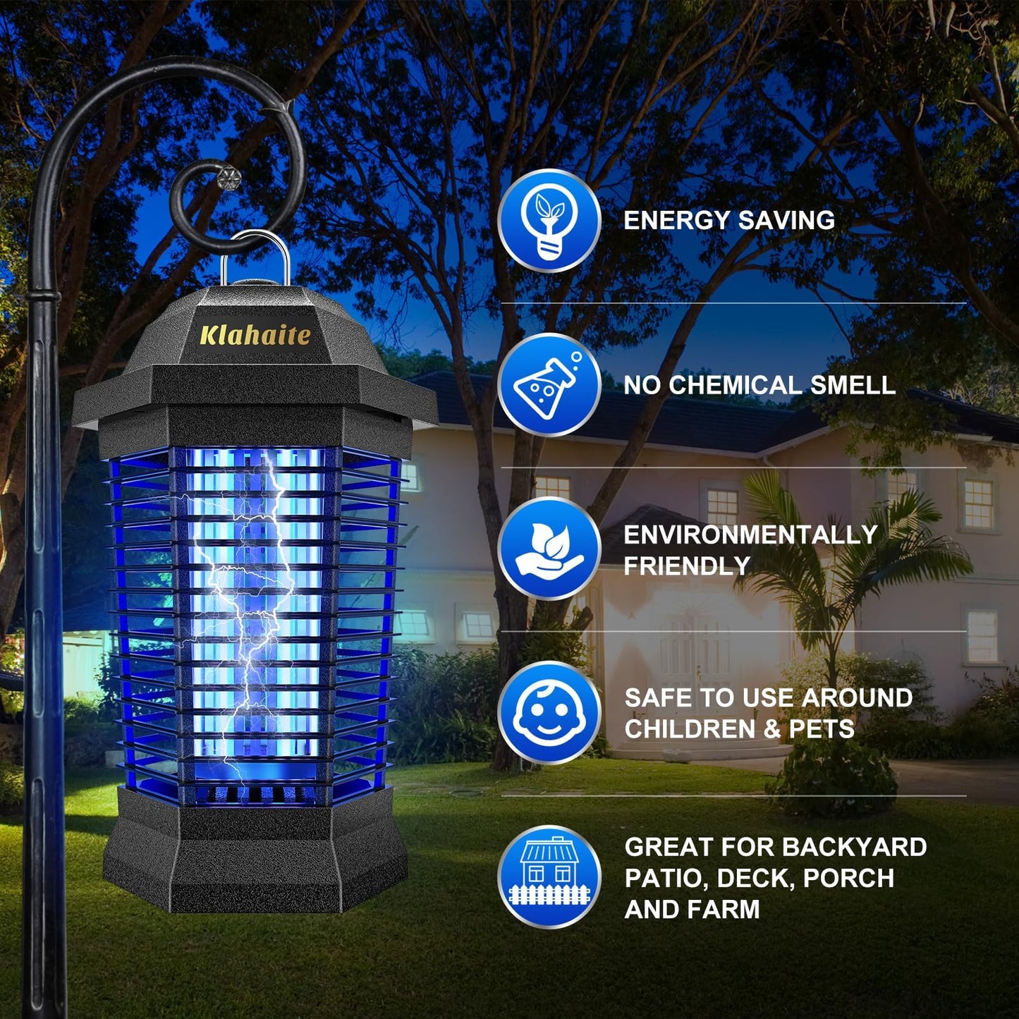 Klahaite Bug Zapper Outdoor, Mosquito Zapper, Fly Traps Fly Zapper,Mosquito Repellent Outdoor Patio and Backyard Covers 1/2 Acre, 4200V Powerful Grid, ABS Fireproof Plastic Outer