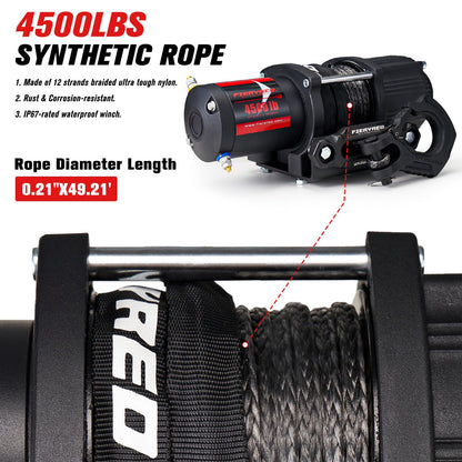 FIERYRED ATV/UTV Winch 12V 4500 lb Electric Winch with Synthetic Rope, with Wireless Remote Control Hawse Aluminium Fairlead & Mounting Bracket, Waterproof IP67
