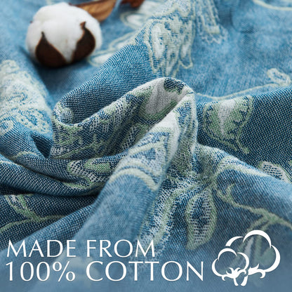jinchan Boho 100% Cotton Muslin Twin Size 60x80 Inches Blanket Lightweight 4-Layer Quilted Soft Blue and White Floral Throw Blanket Green Accents Reversible Comfy Flower Summer Couch Bedroom Decor