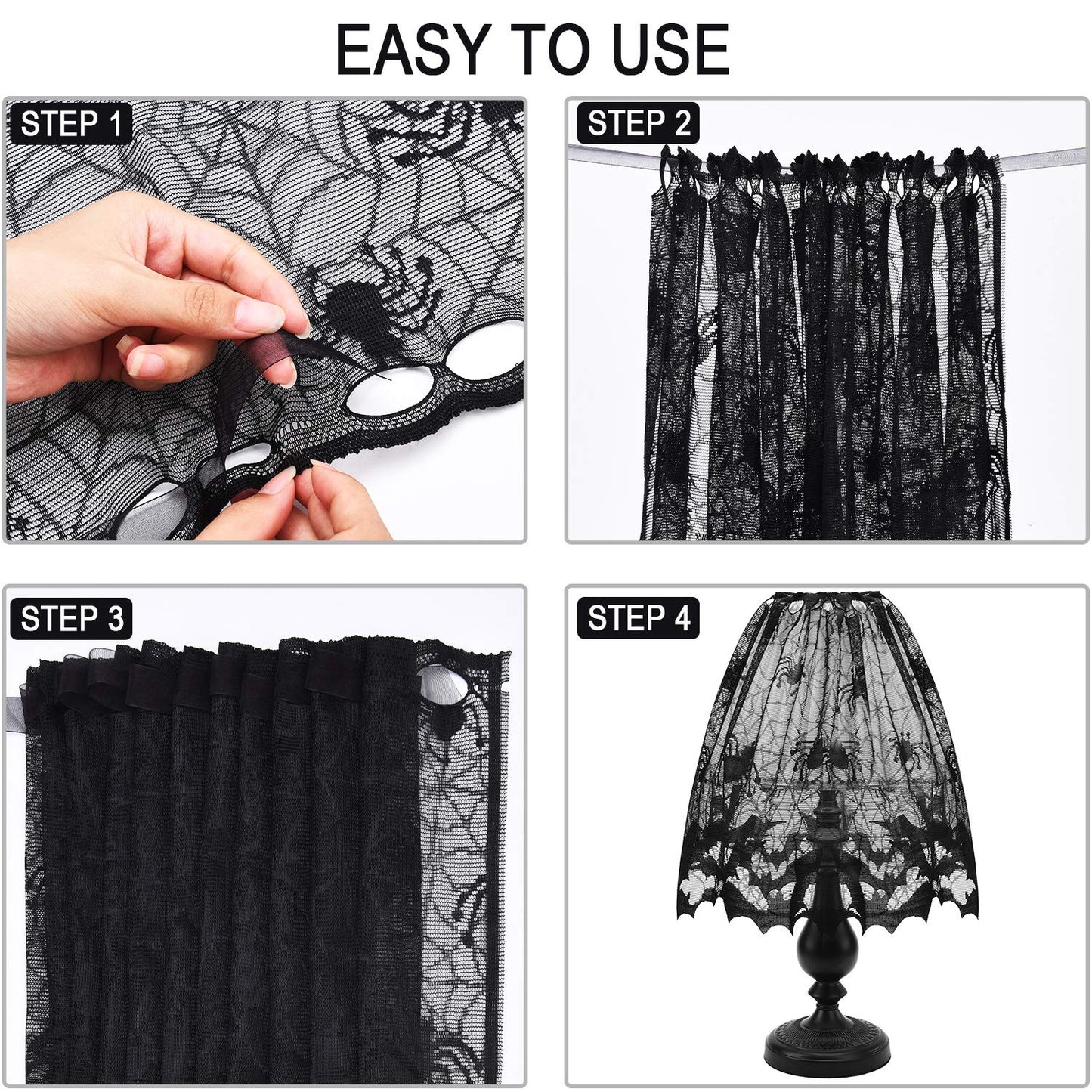 2 Pieces Halloween Lamp Shade Cover Black Lace Spider Web Lampshades Cover Topper Decoration with 60 Pieces 3D Bat Stickers for Halloween Party Indoor Decor