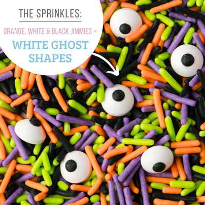 Halloween Frosting Kit with Sprinkles & Eyeballs – 11.31 oz Decorating Set with 3 Frosting Tubes (Orange, Black, White), 4 Nozzles & 2 oz Sprinkle Mix – Cookie & Cupcake Kit for Kids & Families