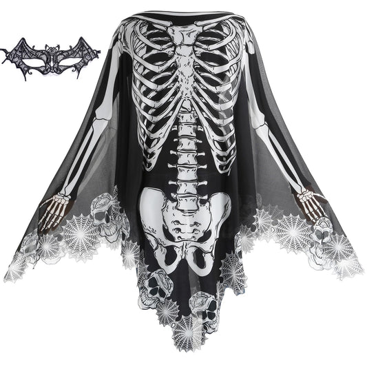 GRAJTCIN Halloween Skeleton Costume for Women Lace Poncho Day of The Dead Costume Plus Size Skull Spider Cape- 3D Skeleton(Black)