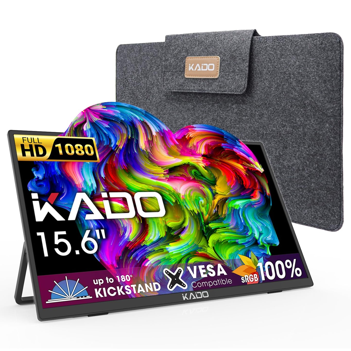 Kado Portable Monitor 15.6-Inch FHD 1080p, USB-C mini-HDMI Gaming Monitor IPS Display Built-in Speakers, External Display 180° Kickstand Wall/Arm Mount for Laptop PC Phone Mac Xbox PS4/PS5 Switch