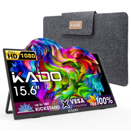 Kado Portable Monitor 15.6-Inch FHD 1080p, USB-C mini-HDMI Gaming Monitor IPS Display Built-in Speakers, External Display 180° Kickstand Wall/Arm Mount for Laptop PC Phone Mac Xbox PS4/PS5 Switch