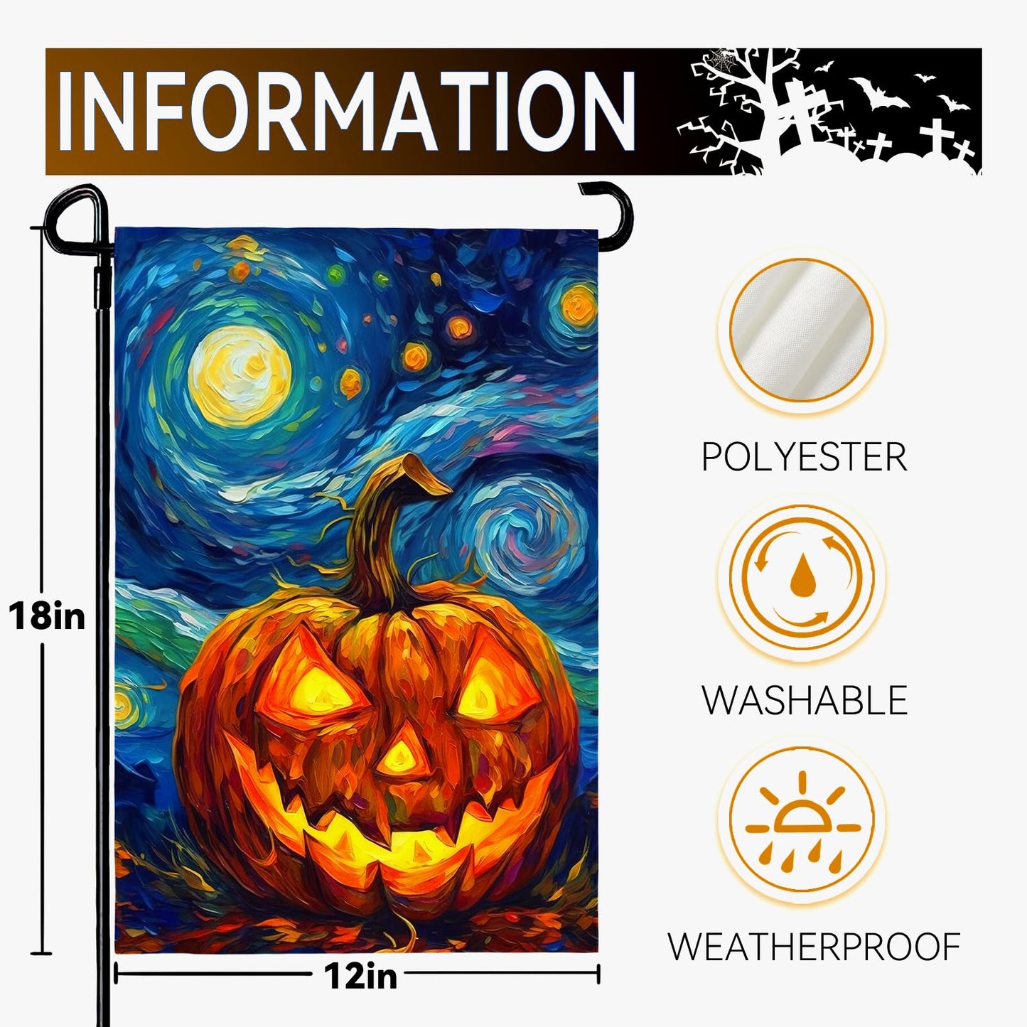 Dacawin Halloween Garden Flag Pumpkin Garden Flag Van Gogh Garden Flags Arts Starry Night Sky Moon Yard Flag Double Sided Fall Porch Patio Farmhouse Outdoor Yard Decorative 12 x 18 Inch