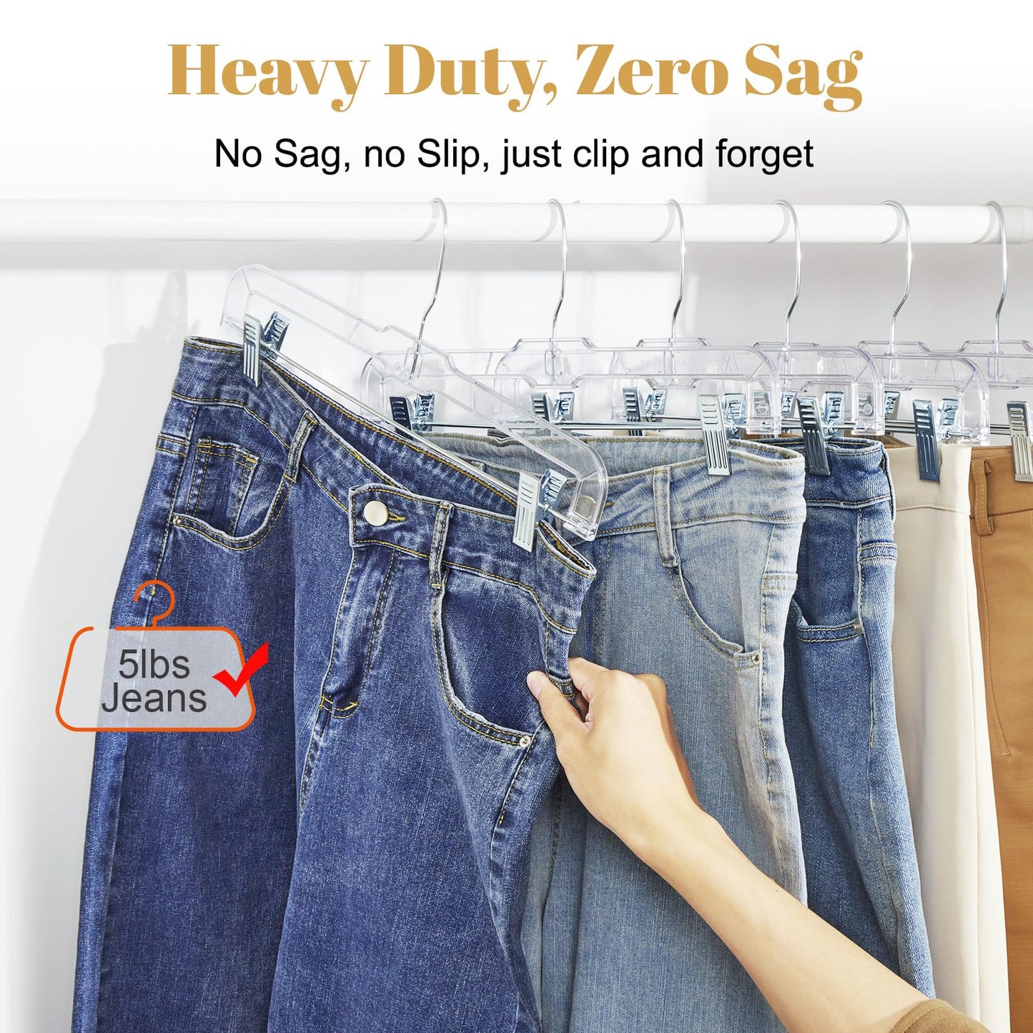 HOUSE DAY 12 Pack 14 inch Clear Plastic Skirt Hangers with Adjustable Clips, Pants Hangers 360-Rotating Swivel Hook, Clip Hangers for Pants, Trousers, Skirts, Jeans, Bulk Plastic Hangers