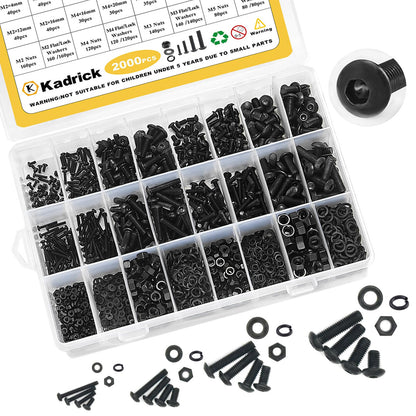 Kadrick Metric Screw Assortment, 2000PCS Metric Bolt Assortment Kit M2 M3 M4 M5 Machine Screws with Lock & Flat Washers, Grade 10.9 Alloy Steel Hex Socket Button Head Black Screws Nuts and Bolts Kit
