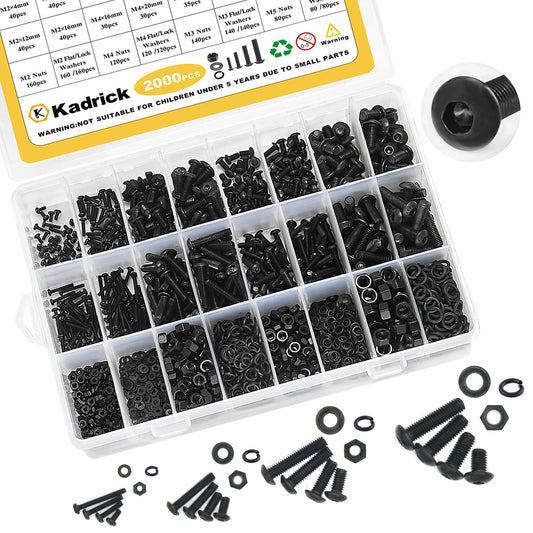 Kadrick Metric Screw Assortment, 2000PCS Metric Bolt Assortment Kit M2 M3 M4 M5 Machine Screws with Lock & Flat Washers, Grade 10.9 Alloy Steel Hex Socket Button Head Black Screws Nuts and Bolts Kit