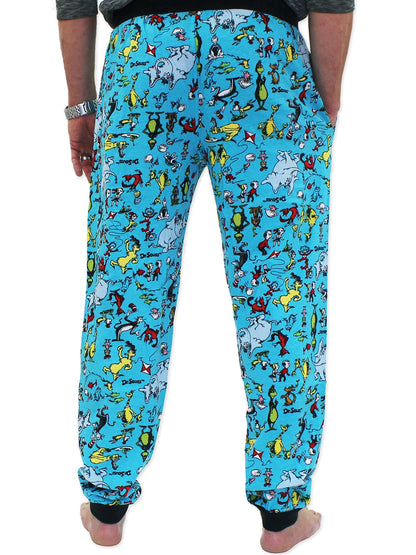 Dr. Seuss Characters Grinch Cat in the Hat Mens Holiday Jogger Pajama Pant (Medium, Blue)