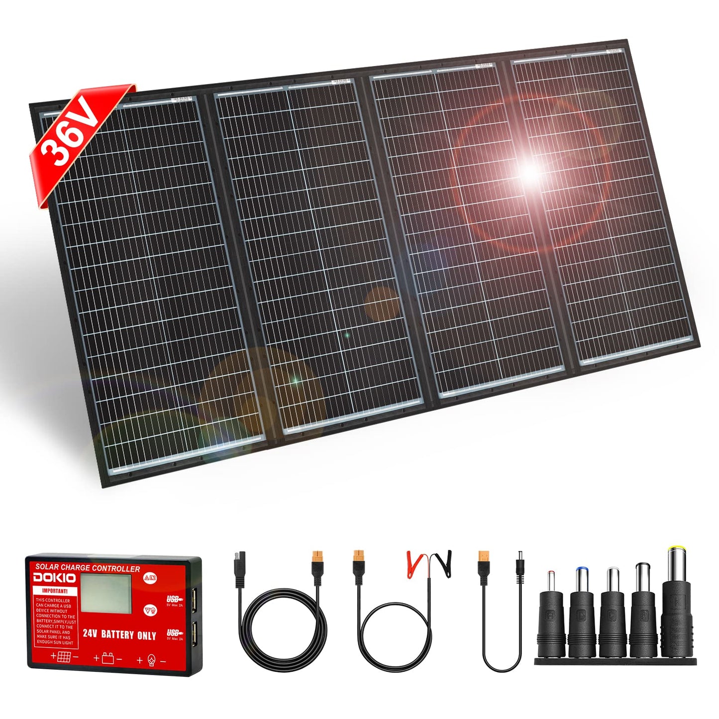 DOKIO 300W 36V Black Portable Solar Panels Kit Folding Solar Charger for 24v Batteries/Power Station AGM LiFePo4 RV Camping Trailer Car Marine………