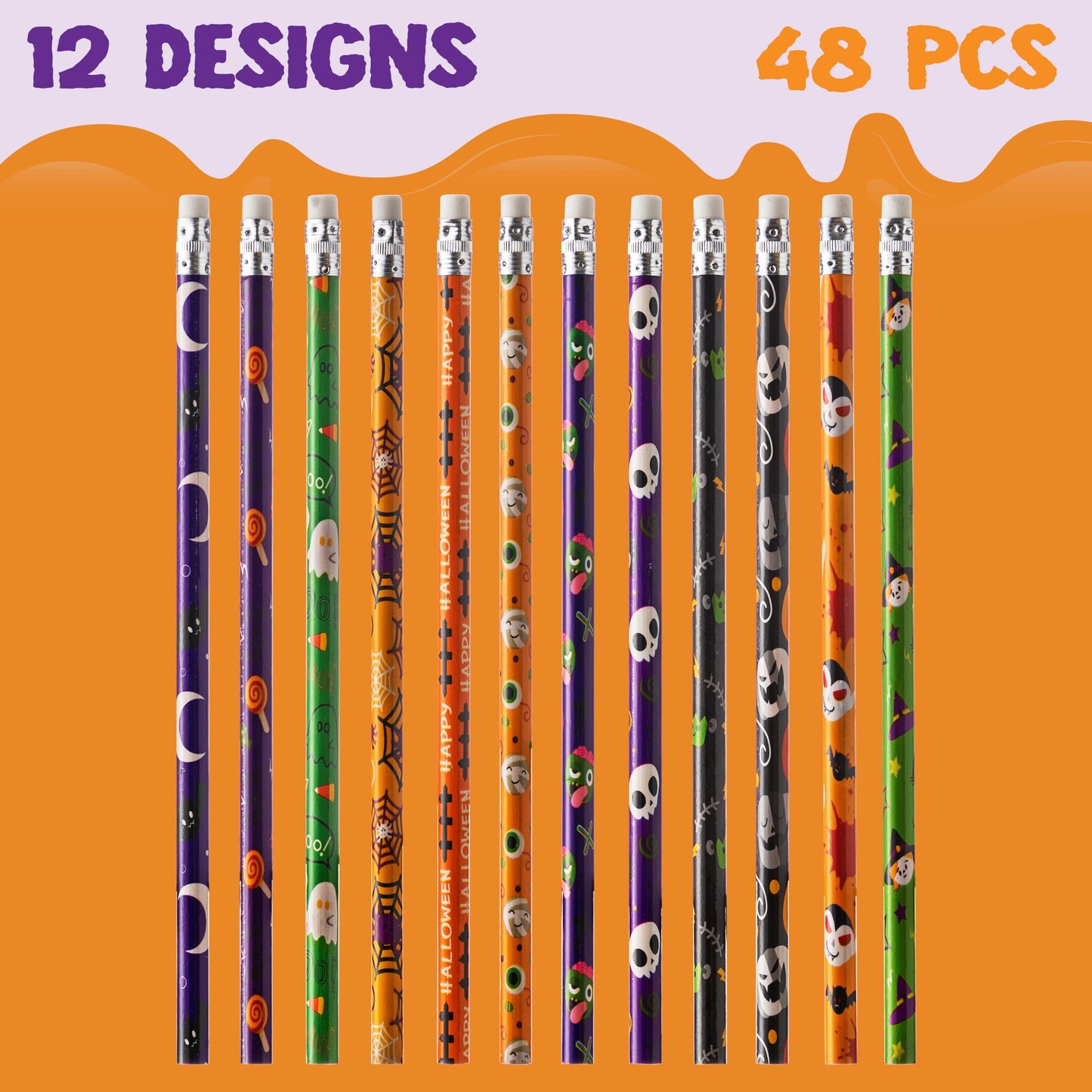 JOYIN 96 Pcs Halloween Pencils and Rulers Stationery Set Included 48Pcs Assorted Pencils with 12 Designs, 48Pcs Halloween Bookmarks Bulk with 6 Patterns for Kids Party Favors Supplies,Non Candy Treats