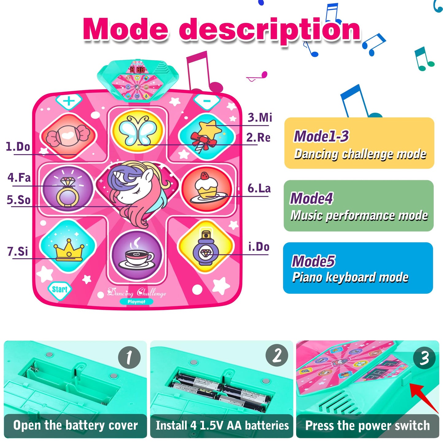 Kusntin Unicorn Dance Mat, Dance Mixer Rhythm Step Play Mat, Pink Dance Pad with LED Lights, Adjustable Volume, Built-in Music, 5 Game Modes, Xmas B-Day Gifts for 3-12 Years Old Girls Toys
