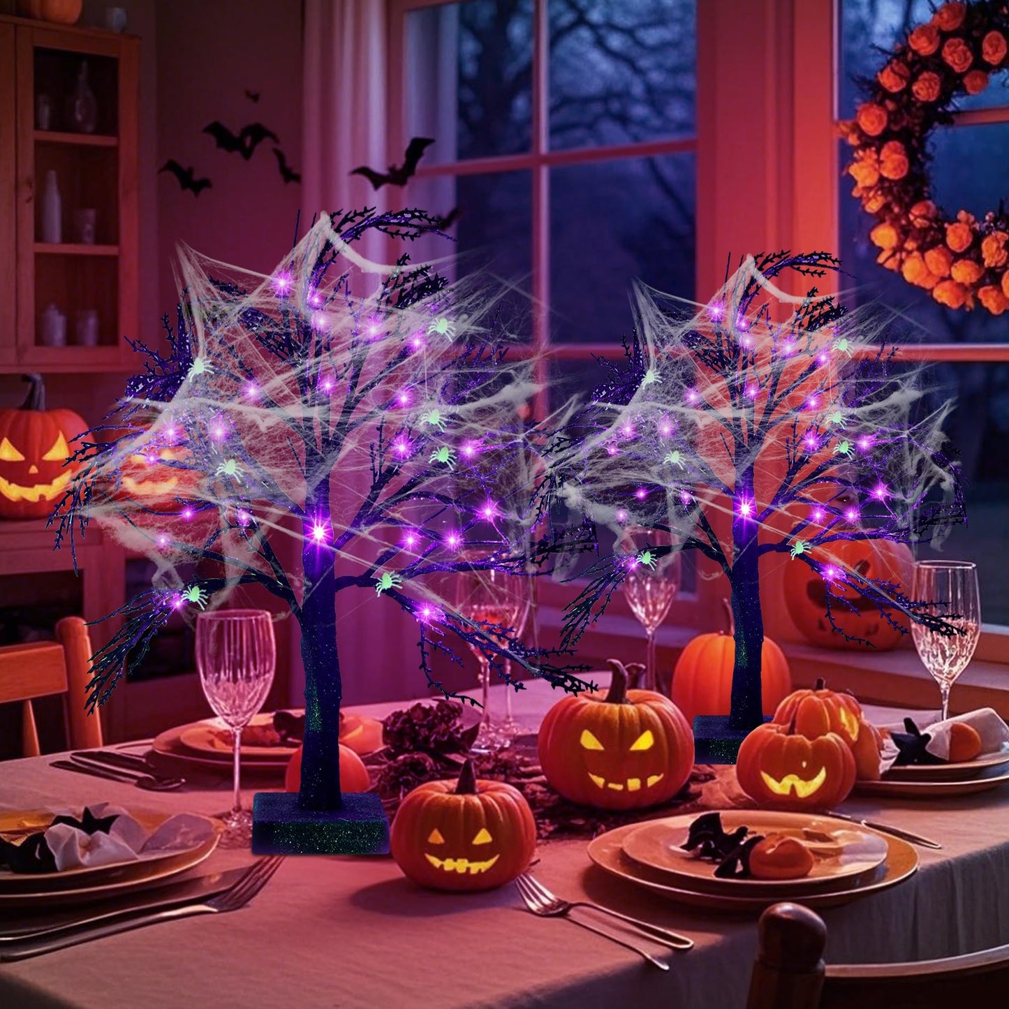 Happy Trees 2 Pcs Halloween Black Spooky Tree with 24 LED Purple Lights, Spider Web and 10 Noctilucent Spiders,18" Artificial Tree Decoration with Timer for Indoor Tabletop Holiday Party