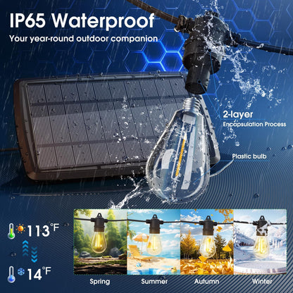 KYY 54FT Solar String Lights Outdoor Waterproof with USB Charging & Remote, Dimmable & Timable, Solar Powered Patio Lights with LED Shatterproof Bulbs for Deck Backyard Porch Garden Camping