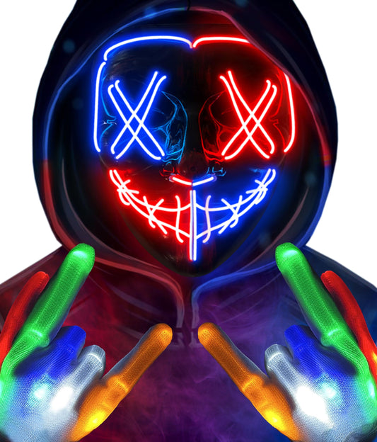 Halloween Mask Skeleton Gloves Set, Halloween Costumes Gifts for Men Women Boys Girls, 3 Modes Light Up Scary LED Mask with LED Glow Gloves, Halloween Decorations Scary Scream Anonymous Masks