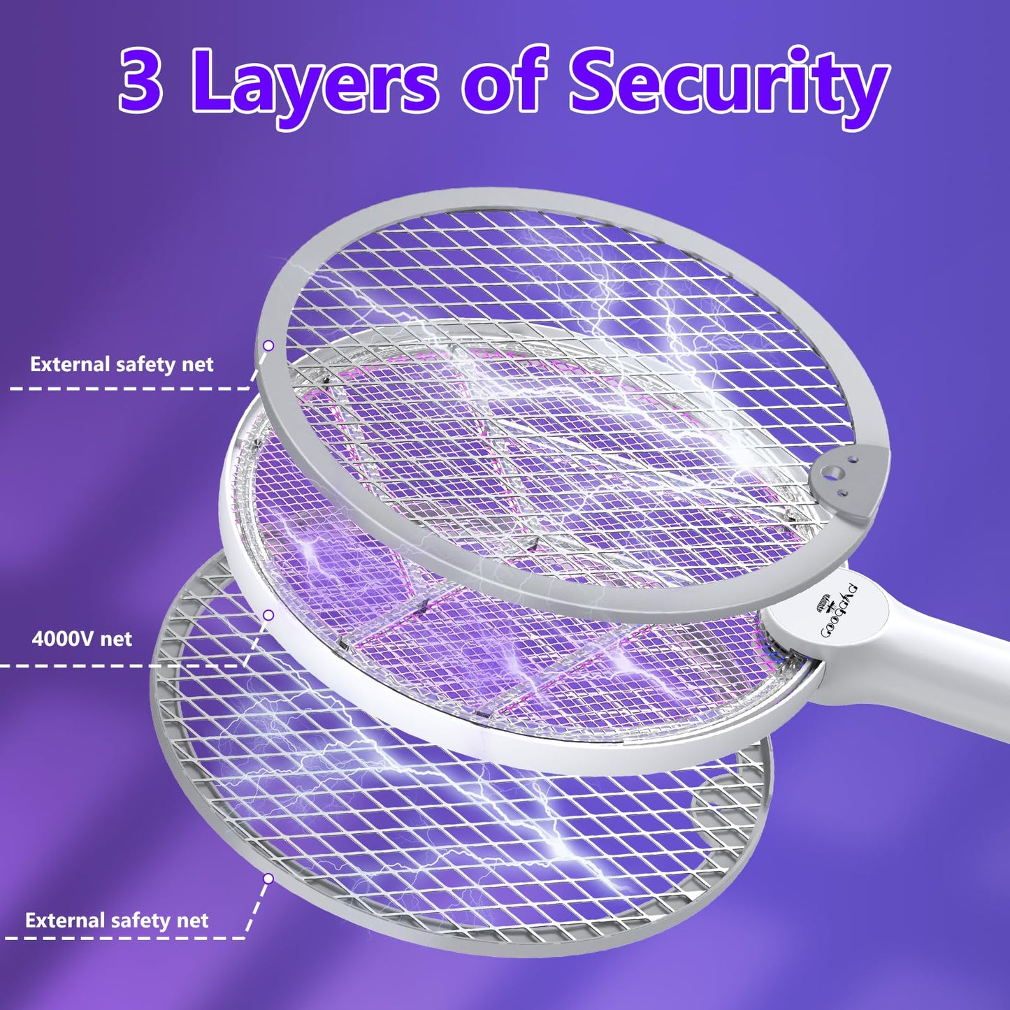 Gooqand Bug Zapper Racket, 2 in 1 Electric Fly Swatter with USB Rechargeable, 4000V Fly Zapper with 3 Layer Safety Mesh, Fly Racket for Indoor, Outdoor