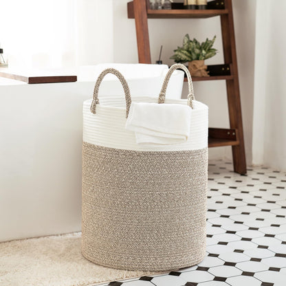 INDRESSME Tall Wicker Laundry Basket, Large Woven Clothes Hamper for Bedroom, Bathroom, Living room, Tall Nursery Hamper for Blankets, Toys, 16 x 20 inches White & Brown