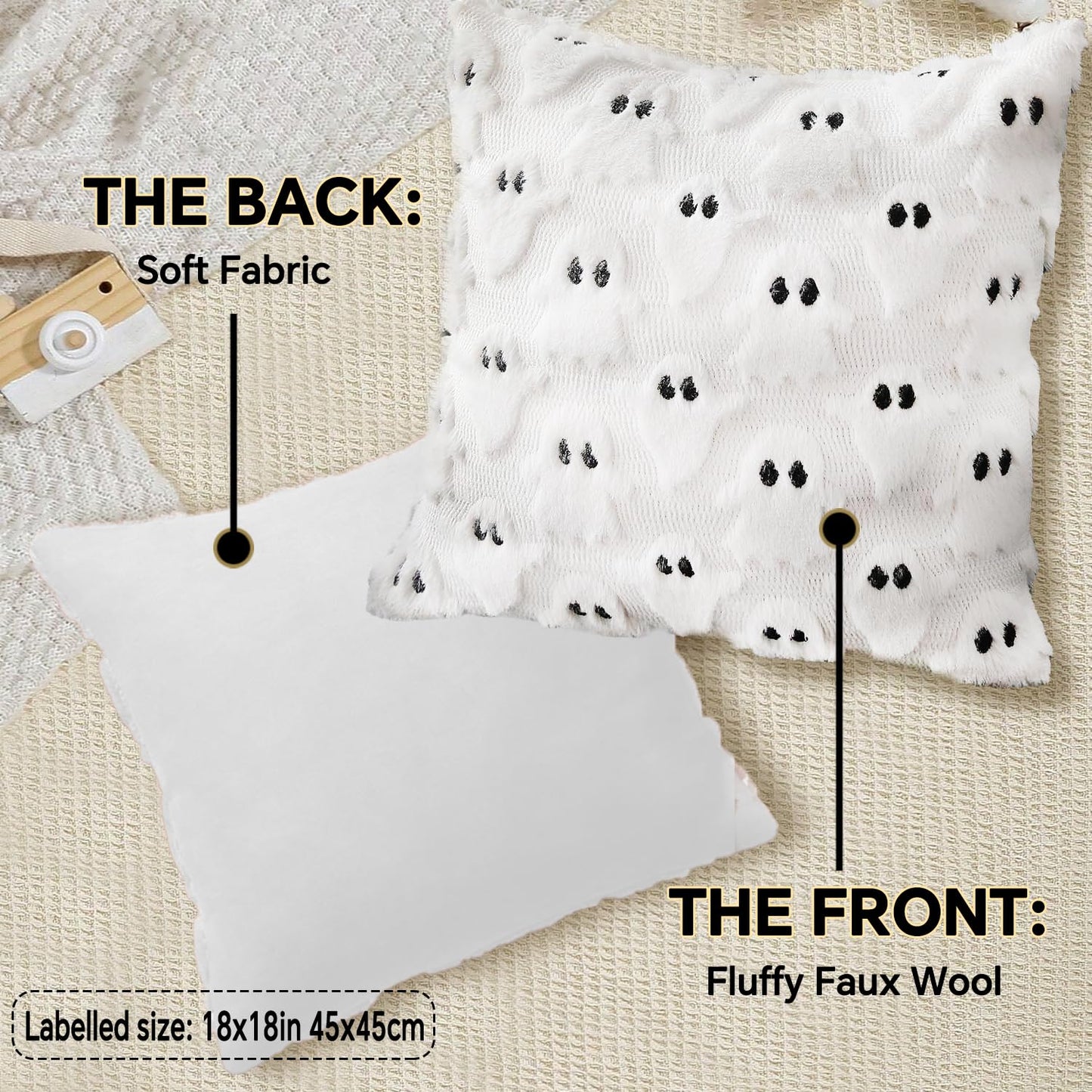 4 Pcs Halloween Throw Pillow Covers 18x18, Soft Faux Fur Pillow Cases Decorations, Fluffy Plush Accent Couch Cushion Case for Halloween Chair Sofa Bedroom Living Room Home Decor(Ghost A)