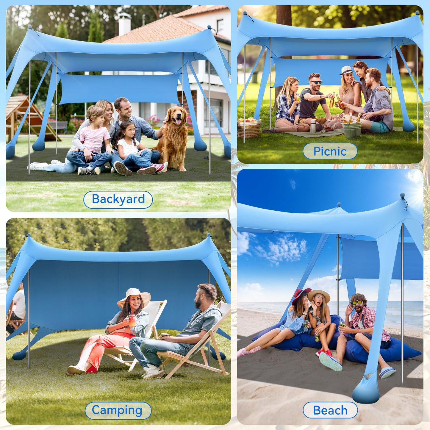 Large Beach Canopy UPF80+ Uv Protection Beach Tents Sun Shelter, Beach Shade Canopy with 8 Sandbags, 4 Stability Poles, Sand Shovel Ground Pegs for Outdoor Camping, Picnics (10x10ft, Sky Blue)
