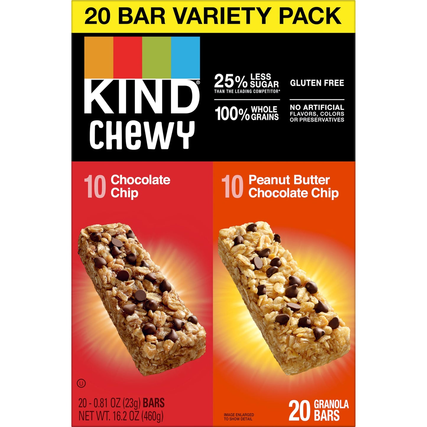 KIND Chewy Granola Bars, Variety Pack, Chocolate Chip and Peanut Butter Chocolate Chip, Gluten Free, 100 Calories, Whole Grains and Oats, 20 Count