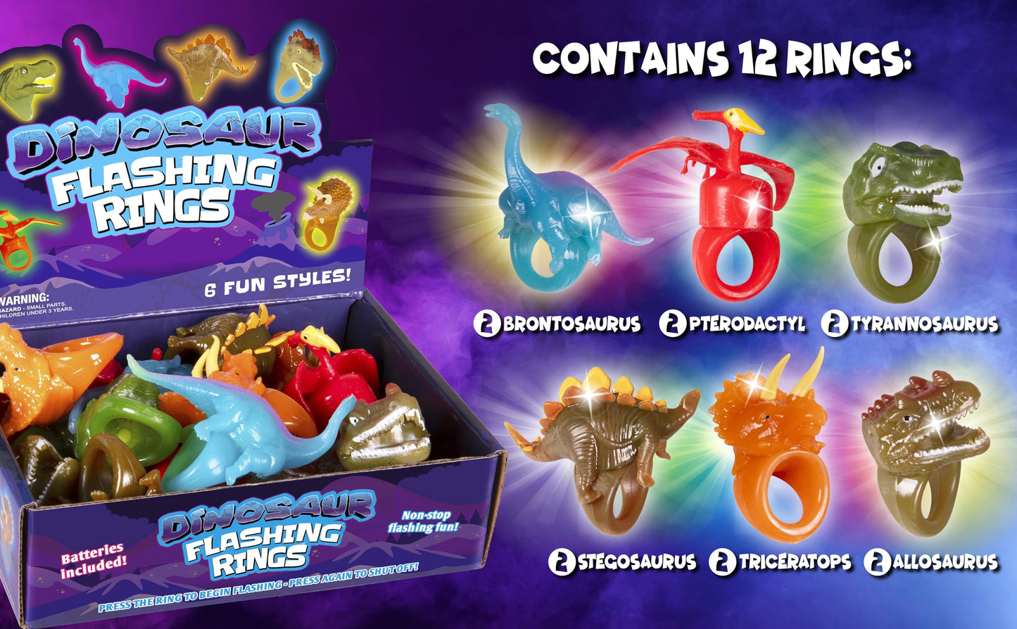 Kangaroo 12 Dinosaur Pack Glow Rings Bulk Party Pack For Kids & Adults - Glow in the Dark Party Supplies Toys - LED Ring Light Up Neon Disco Party Favors & Festival Accessories Halloween Party Decorations