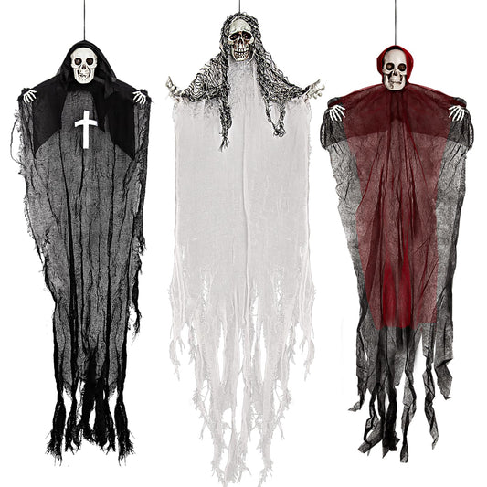 Halloween Hanging Skeleton Ghosts (3 Pack), One 36” and Two 32” Halloweens Grim Reapers, Flying Ghosts for Haunted House Prop Décor, Indoor/Outdoor Halloween Decorations