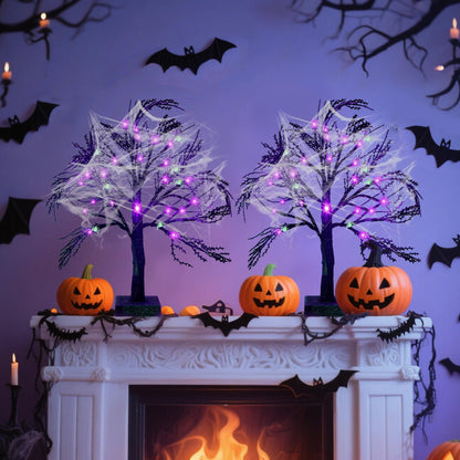 Happy Trees 2 Pcs Halloween Black Spooky Tree with 24 LED Purple Lights, Spider Web and 10 Noctilucent Spiders,18" Artificial Tree Decoration with Timer for Indoor Tabletop Holiday Party
