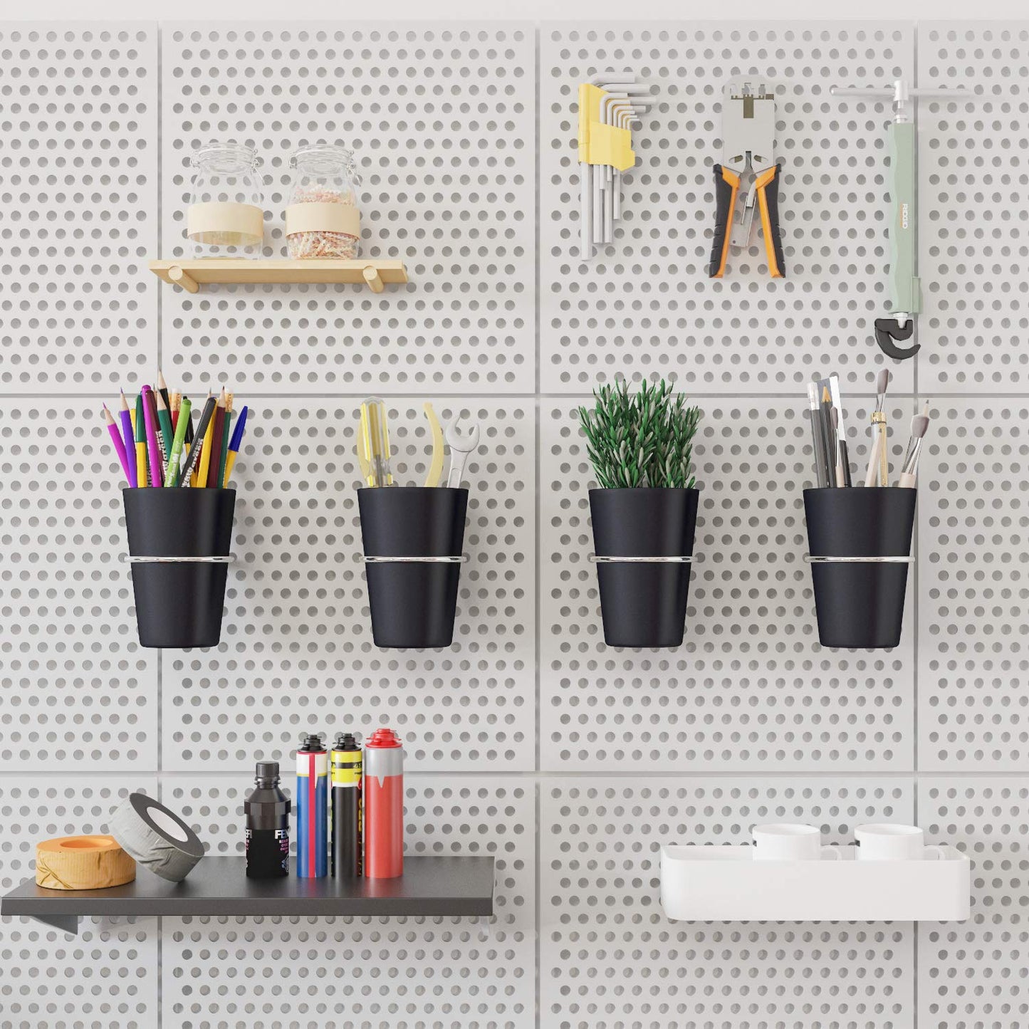 Kuhome 6 Set Ring Style Pegboard Hooks with Pegboard Cups, Black, Stainless Steel & Plastic, Ideal for Craft Room, Work Bench, Garage