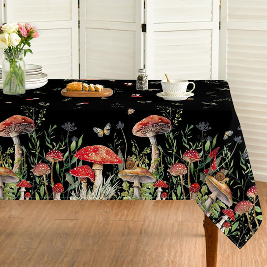 Horaldaily Mushroom Tablecloth 60x84 Inch Rectangular, Black Seasonal Vintage Washable Seasonal Table Cover for Party Picnic Dinner Decor