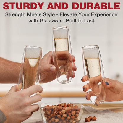 Eparé Double Wall Stemless Champagne Flutes Glass - Set of 2 Lightweight Mimosa and Prosecco Glasses for Bridal Shower, Bridesmaid Gift - Modern Stemless Champagne Glasses