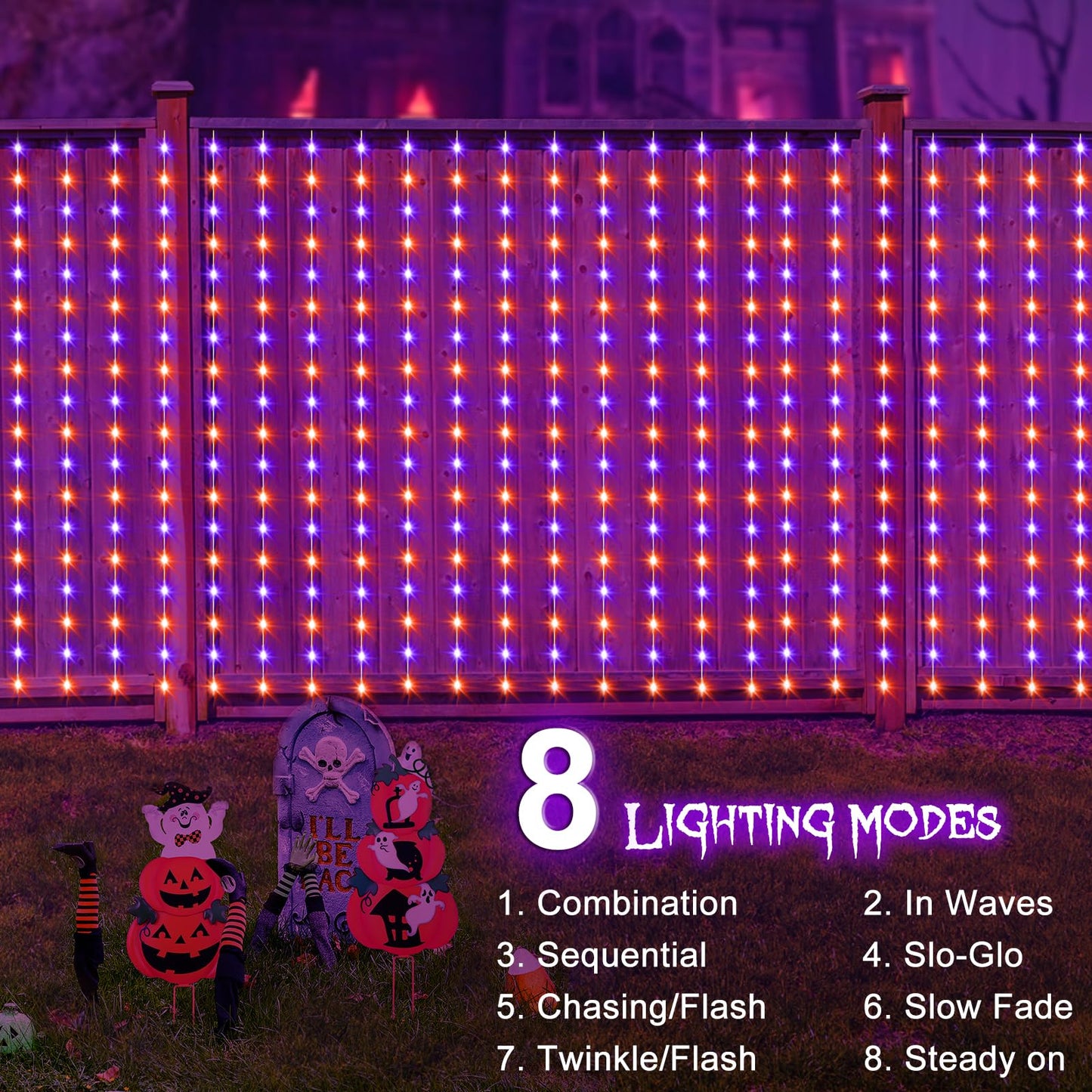 echosari Solar Halloween Curtain Lights Outdoor, 7.9ft x 6ft 144 LED Orange Purple Curtain Lights with 8 Modes Timer Waterproof for Indoor Outdoor Patio Fence Halloween Tree Party Decor