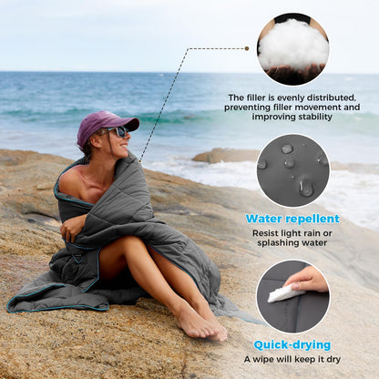 KingCamp Ultralight Camping Blanket, Packable Down Alternative Puffy Wearable Blankets Weatherproof Warm Package Quilt with Snap Buttons for Outdoor Hiking Travel Picnic Stadium (69" x 53", CHARCOAL)