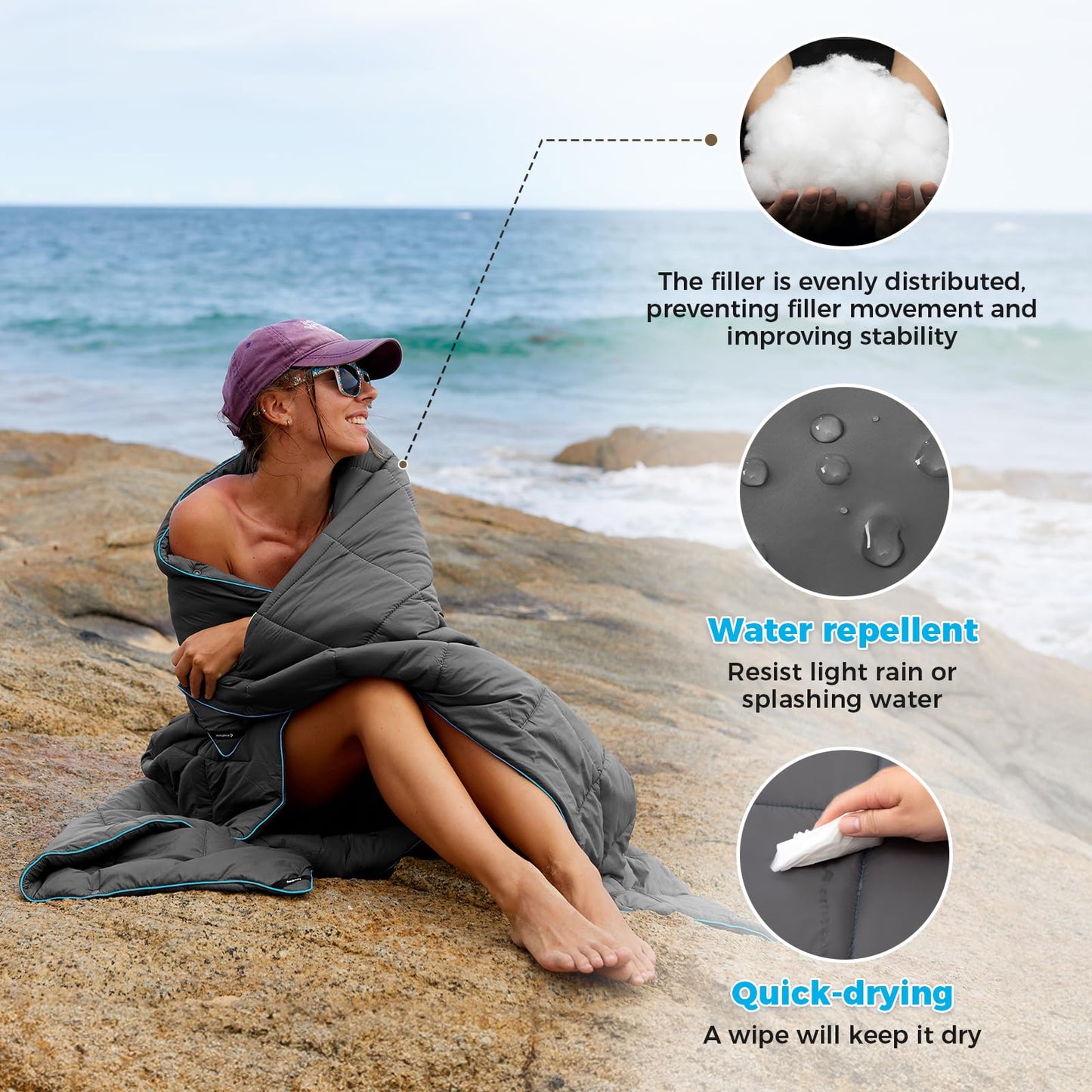 KingCamp Ultralight Camping Blanket, Packable Down Alternative Puffy Wearable Blankets Weatherproof Warm Package Quilt with Snap Buttons for Outdoor Hiking Travel Picnic Stadium (69" x 53", CHARCOAL)