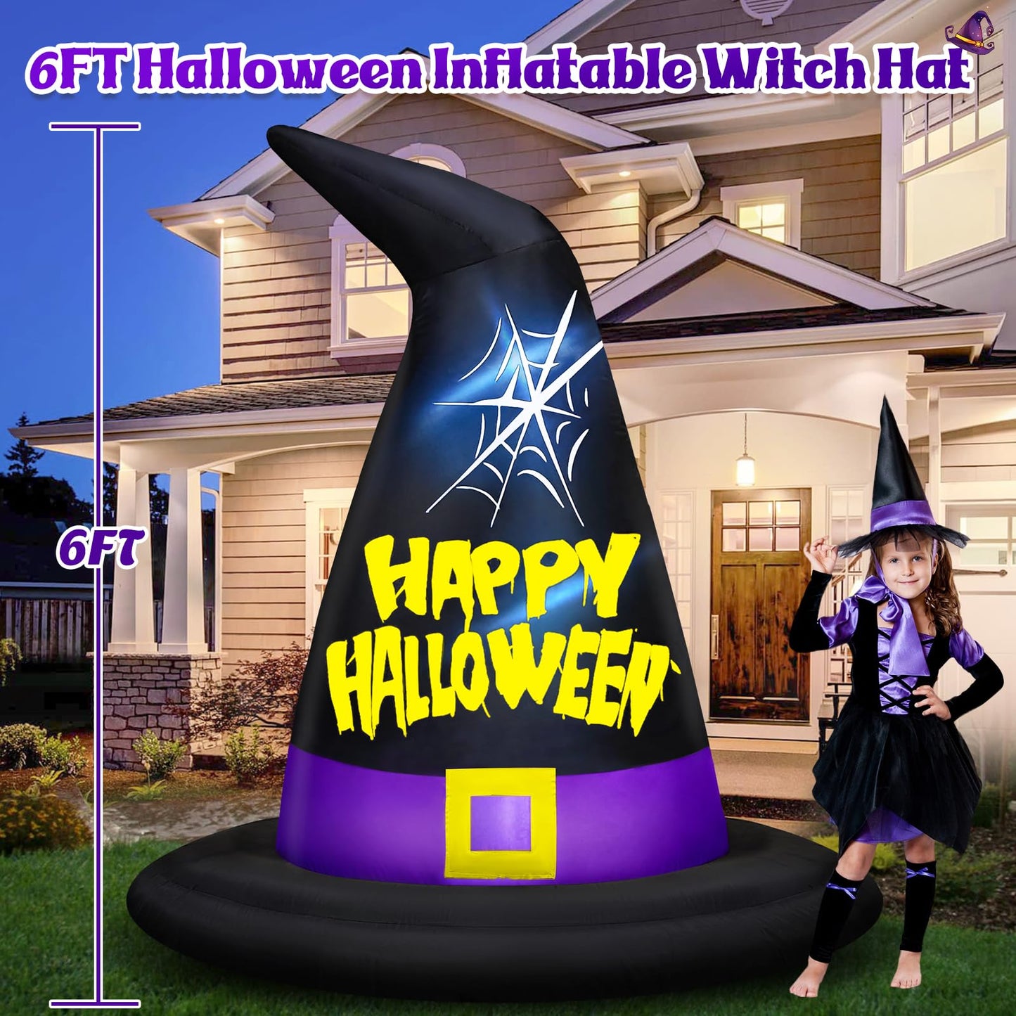 Danxilu 6 FT Halloween Inflatables Outdoor Decorations, Halloween Inflatable Witch Hat Built-in LED Lights Blow Up Yard Decoration for Decor Outside Holiday Party Garden Lawn