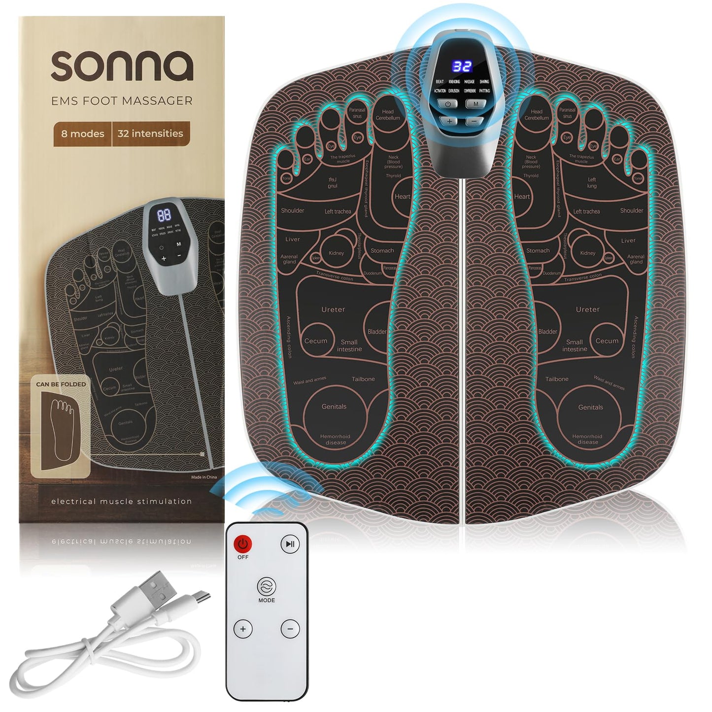 Foot Massager Mat for Neuropathy,EMS Foot Massager for Circulation and Pain Relief, Foldable Feet and Calves Massage Machine with 8 Modes and 32 Intensity Levels for Muscle Relaxation