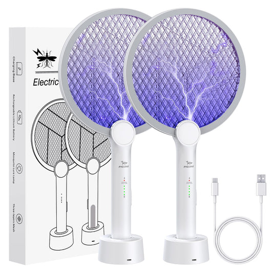 Electric Fly Swatter, 4000V Bug Zapper Racket, 2 in 1 Indoor Outdoor Mosquito Killer with 3-Layer Safety Mesh, Fly Zapper Racket with USB Rechargeable Base for Pest Insect Control 2 Pack