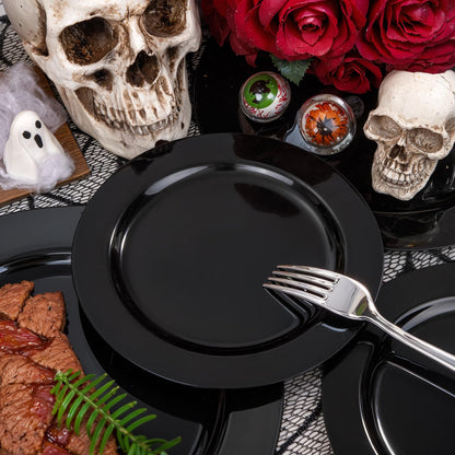 FLOWERCAT 100PCS Black Plastic Plates - Heavy Duty Black Disposable Plates for Halloween Party/Birthday/Wedding/Father's Day- serve 50guests 10 inch and 7 inch Set