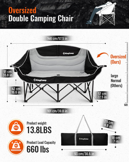 KingCamp Double Camping Chair, Oversized 660lbs Heavy Duty Loveseat for Adults Portable Folding XL 2 Person Couch Padded Comfortable Two Seat with Cup Holder for Outdoor Lawn Backyard, Black/Grey