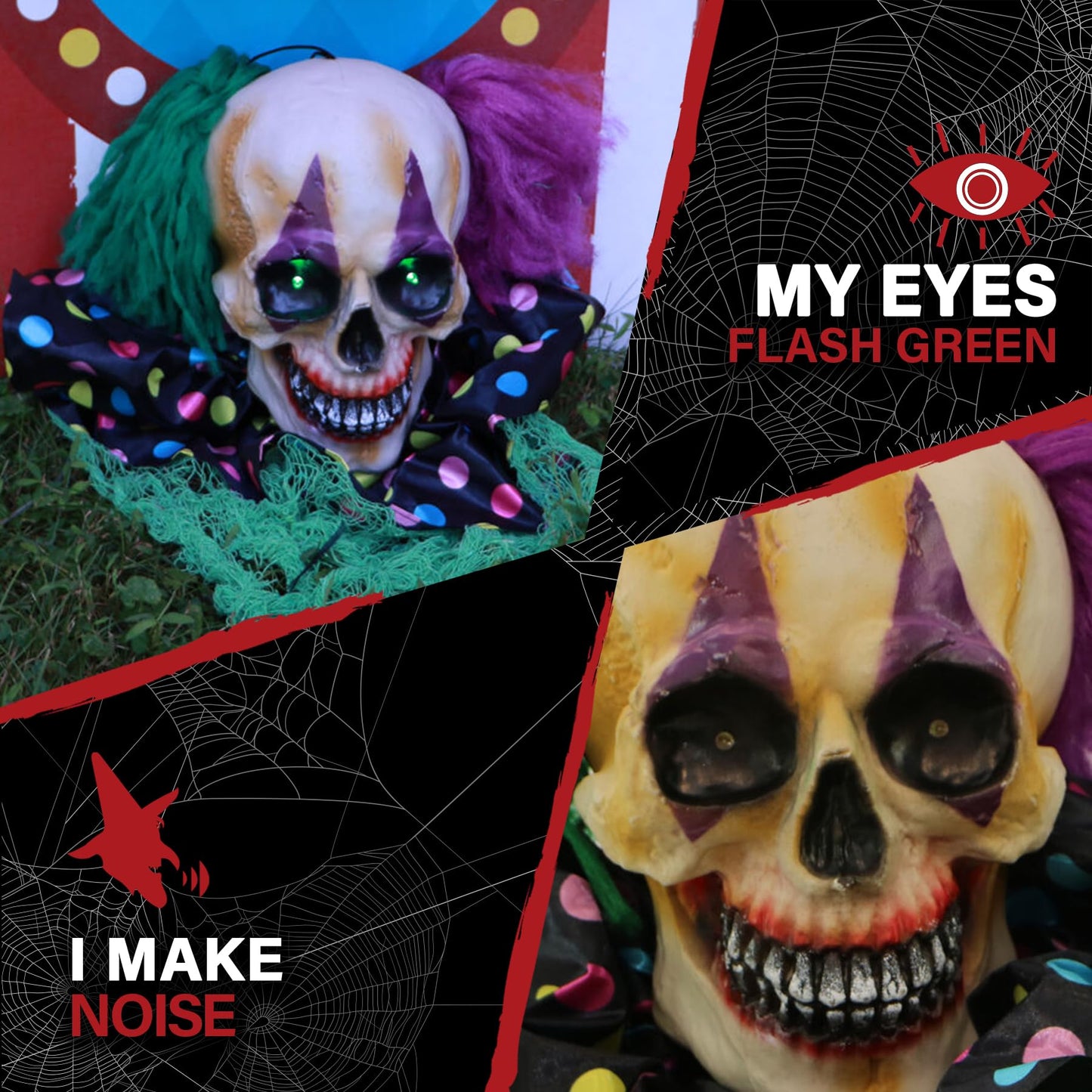 Haunted Hill Farm Scary Talking Groundbreaker Skeleton Clown Halloween Prop with Touch Activated Lights and Sounds, Battery Operated, Poseable Indoor or Covered Outdoor Halloween Decorations for Home