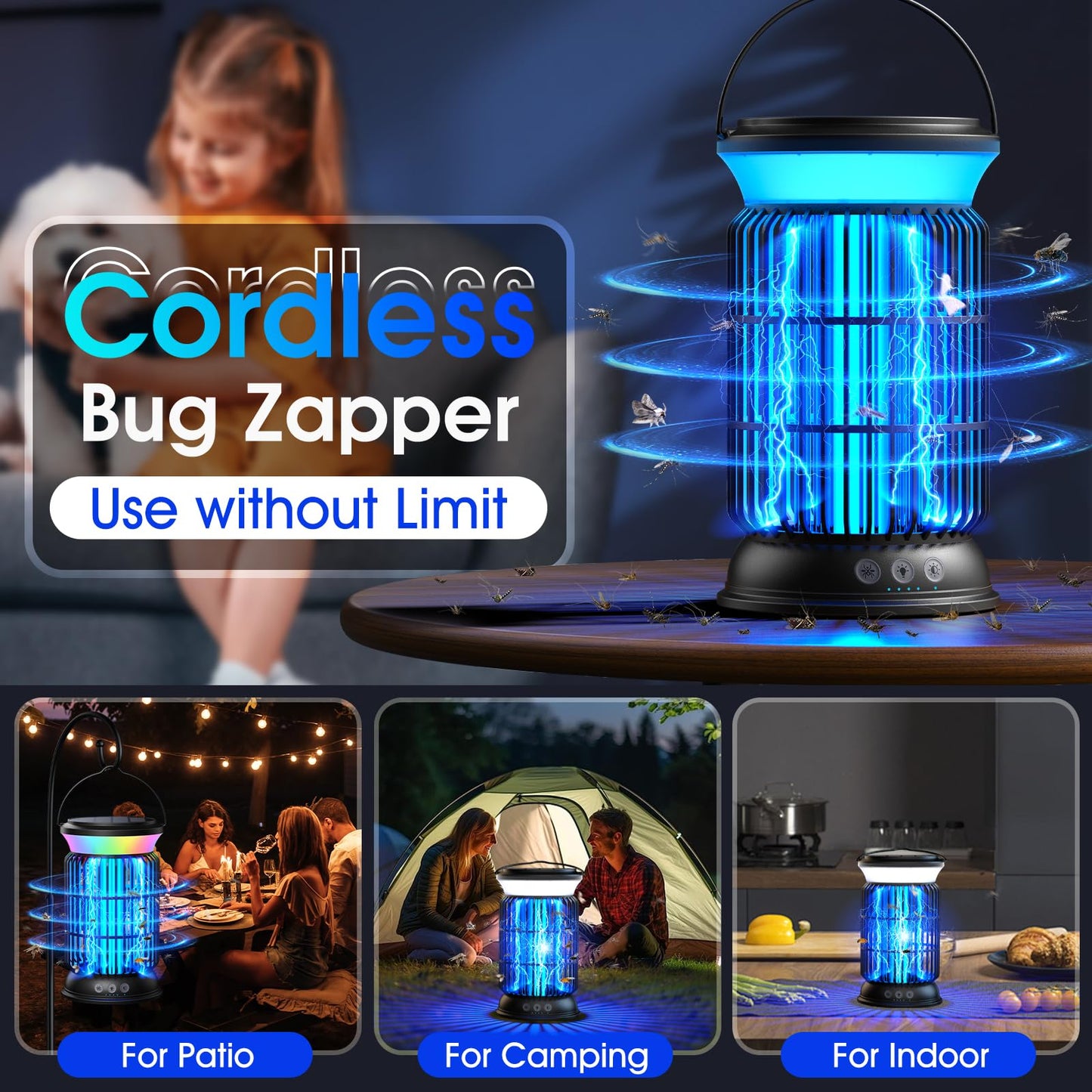 GTERT Solar Bug Zapper Outdoor, Electric Bug Zapper, 6000mAh Rechargeable Mosquito Zapper, Cordless Fly Zapper, 4 Modes Waterproof Insect Zapper for Home Garden Patio Backyard Camping