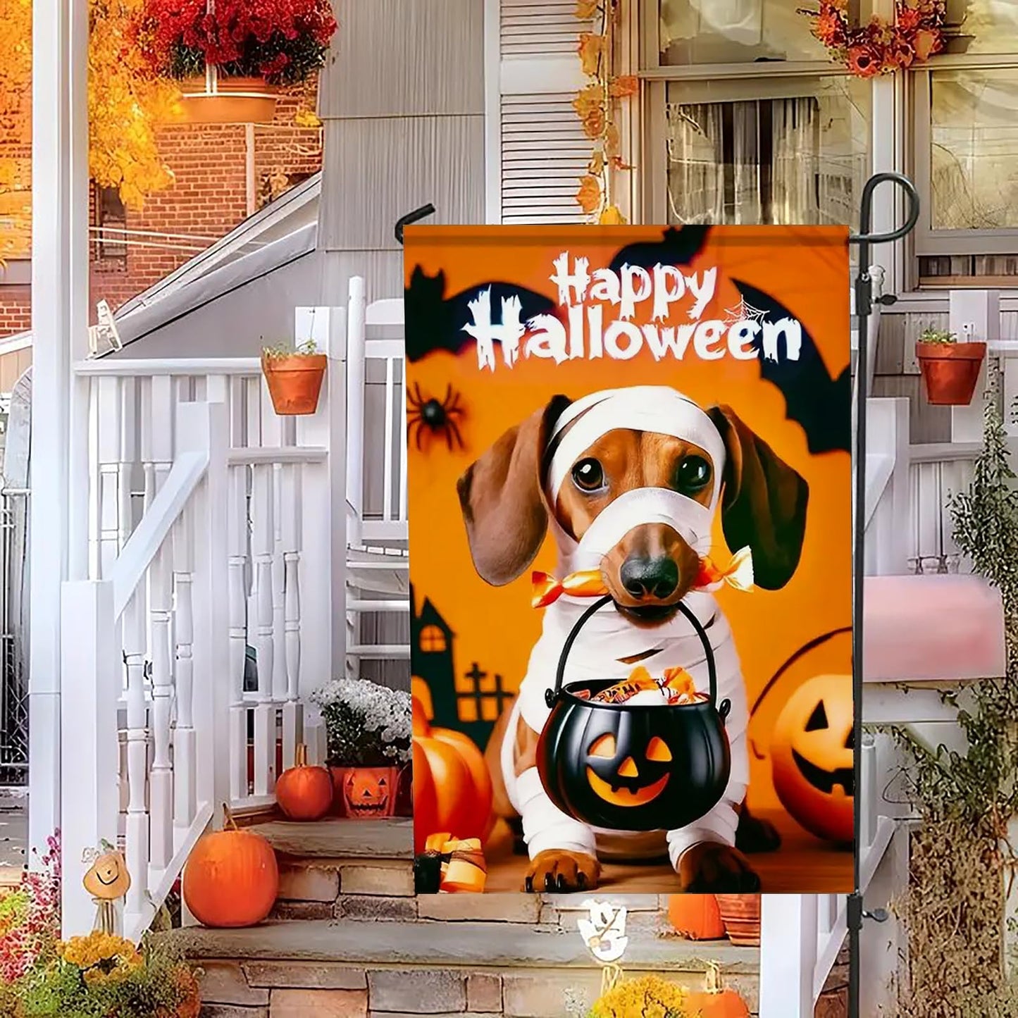 abzdfty Halloween Dog Garden Flag 12x18 Inch Double Sided Happy Halloween Pumpkin Garden Flags Yard Flag for Outside, Patio, Porch and Lawn