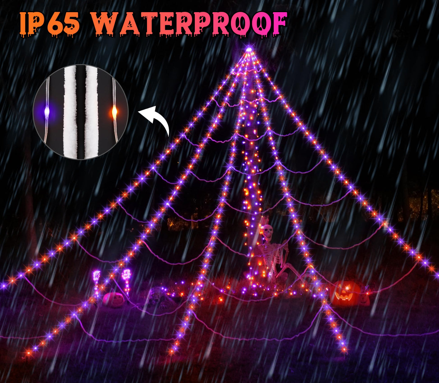 Halloween Spider Web Lights Decoration 250 LED Light up Spider Webs Halloween Decorations Outdoor with 59" Large Spider & 3.53 oz Stretch Cobweb 16.4 Ft Giant Web with 8 Modes (Purple & Orange)