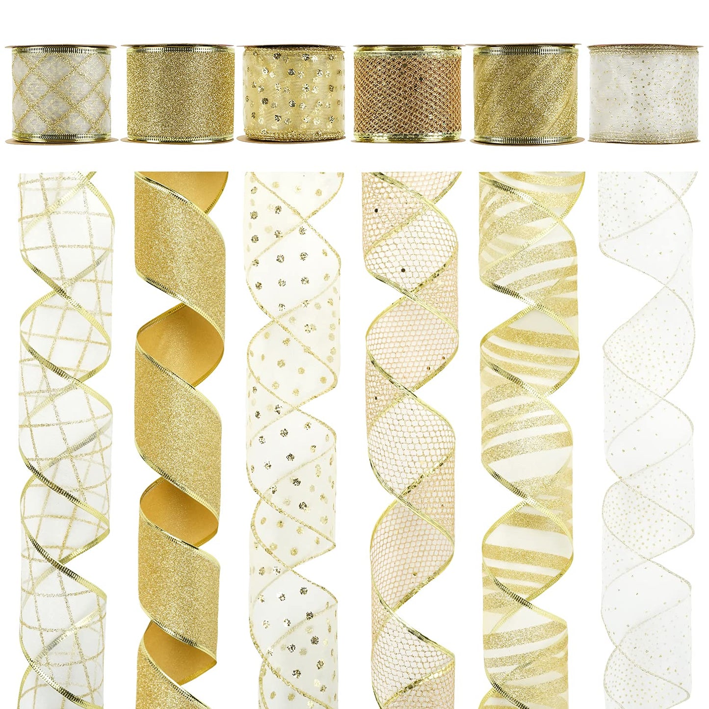 MEEDEE White and Gold Ribbon for Christmas Tree 2.5 Inch 6 Rolls 36 Yards Christmas Ribbons Gold Ribbons for Christmas Tree Decoration Garland Wire Mesh Ribbon for Wreaths