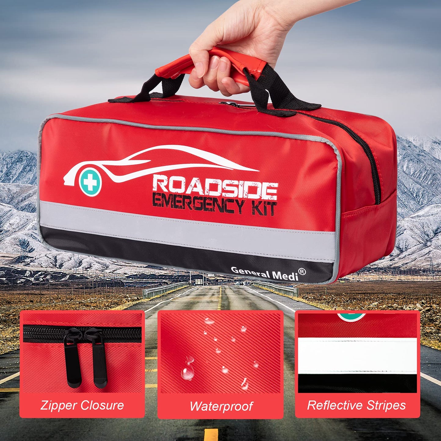 General Medi 127-Pieces Roadside Car Emergency Kit Include Mini First Aid Kit, Jumper Cables,Tow Rope, Bandage, Safety Vest, Emergency Triangle, All in One Pack