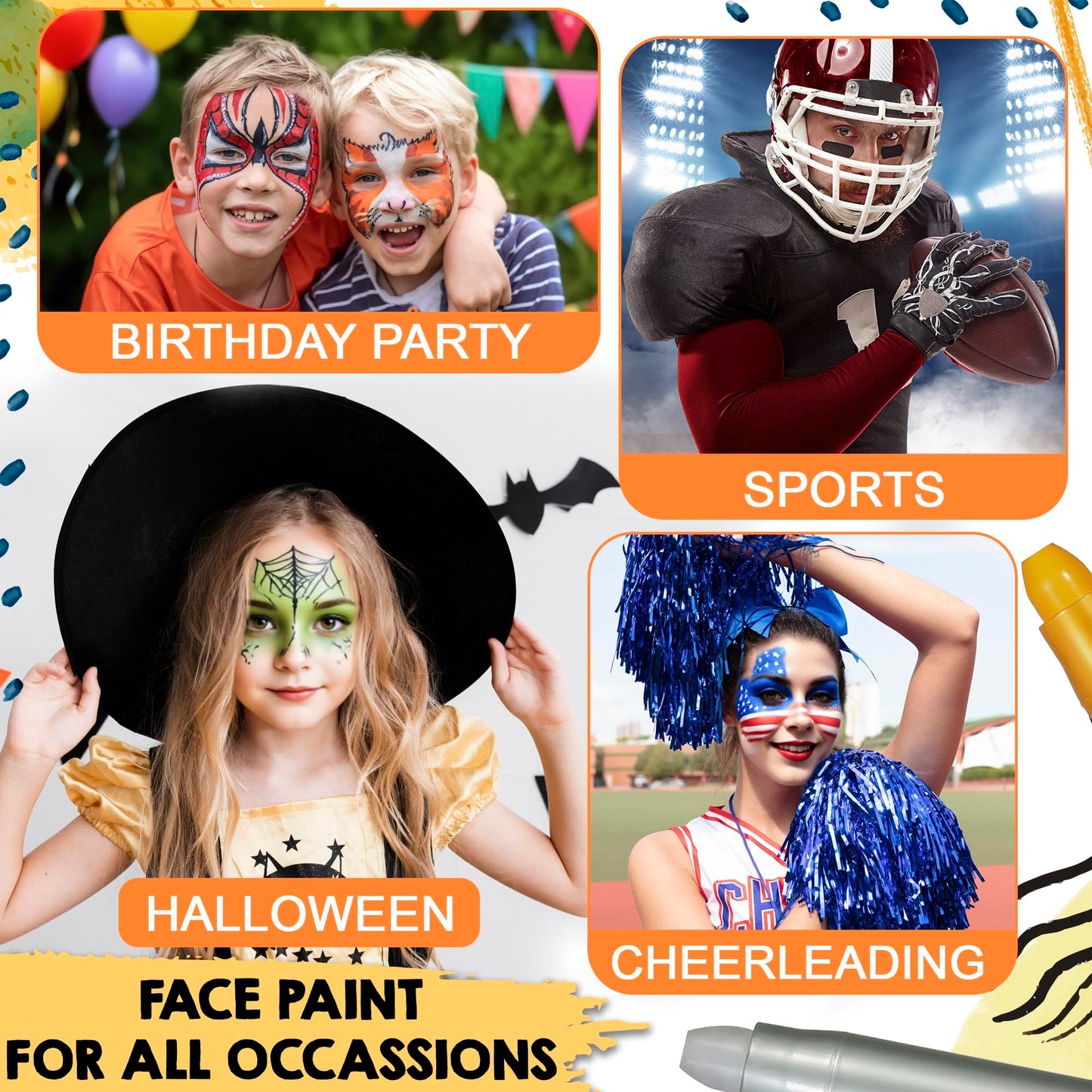 Jim&Gloria Water Based Face Paint Kit with Stencils, 8 Large Professional Face Painting Kit for Kids Party Facepaint Halloween Makeup Washable Body Paint for Adults Skin Color Crayons, Boy Girl Gifts