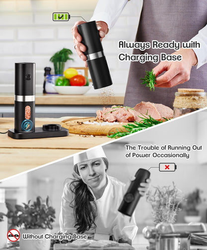 Electric Salt and Pepper Grinder Set, New Rechargeable Salt and Pepper Mill with 4*Rechargeable Batteries, Charging Base, White Light, One Hand Automatic Operation, Black, 2Pack