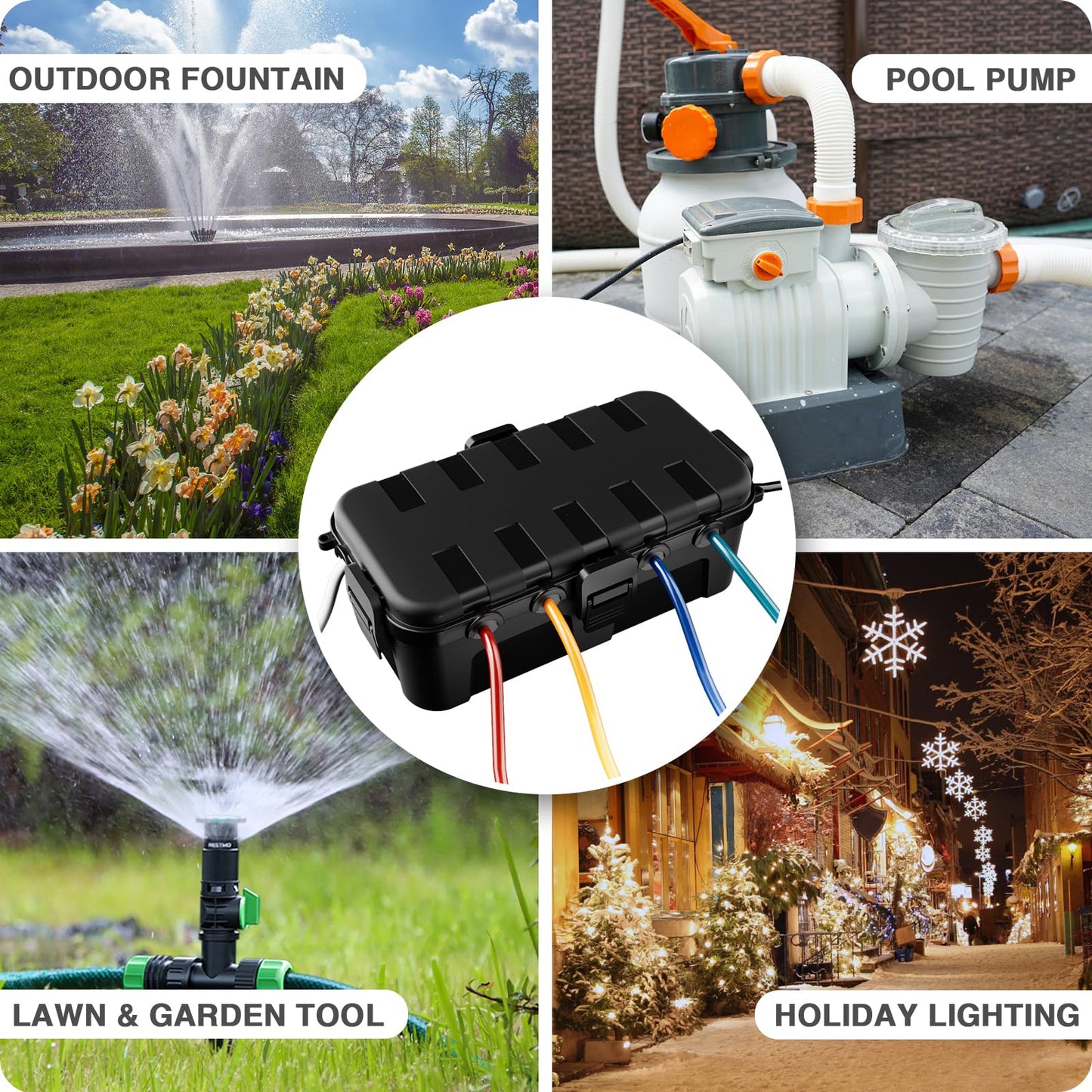 Flemoon Medium Outdoor Electrical Box (11.5x5.2x4 inch), IP54 Waterproof Extension Cord Cover w/6 Cable Entry Ports, Weatherproof Connection Box for Power Strip, Timer, Plug, Holiday Lights, Black