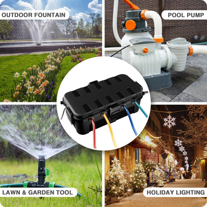 Flemoon Medium Outdoor Electrical Box (11.5x5.2x4 inch), IP54 Waterproof Extension Cord Cover w/6 Cable Entry Ports, Weatherproof Connection Box for Power Strip, Timer, Plug, Holiday Lights, Black