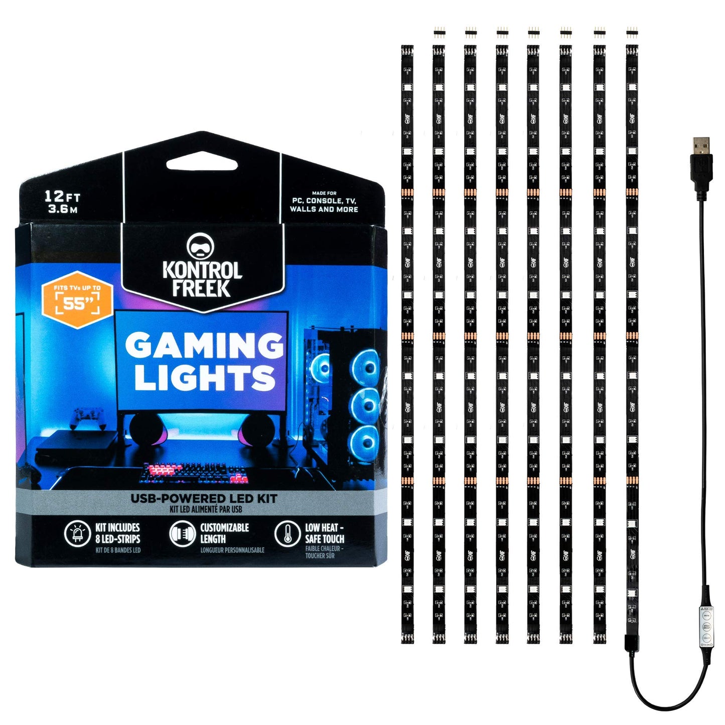 KontrolFreek Gaming Lights: LED Strip Lights, USB Powered with Controller, 3M Adhesive for TV, Console, PC, Wall (12 Ft)